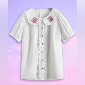 ROMWE X Care Bears Plus Cartoon Embroidery Puff Sleev e Shirt With Frill Trim
